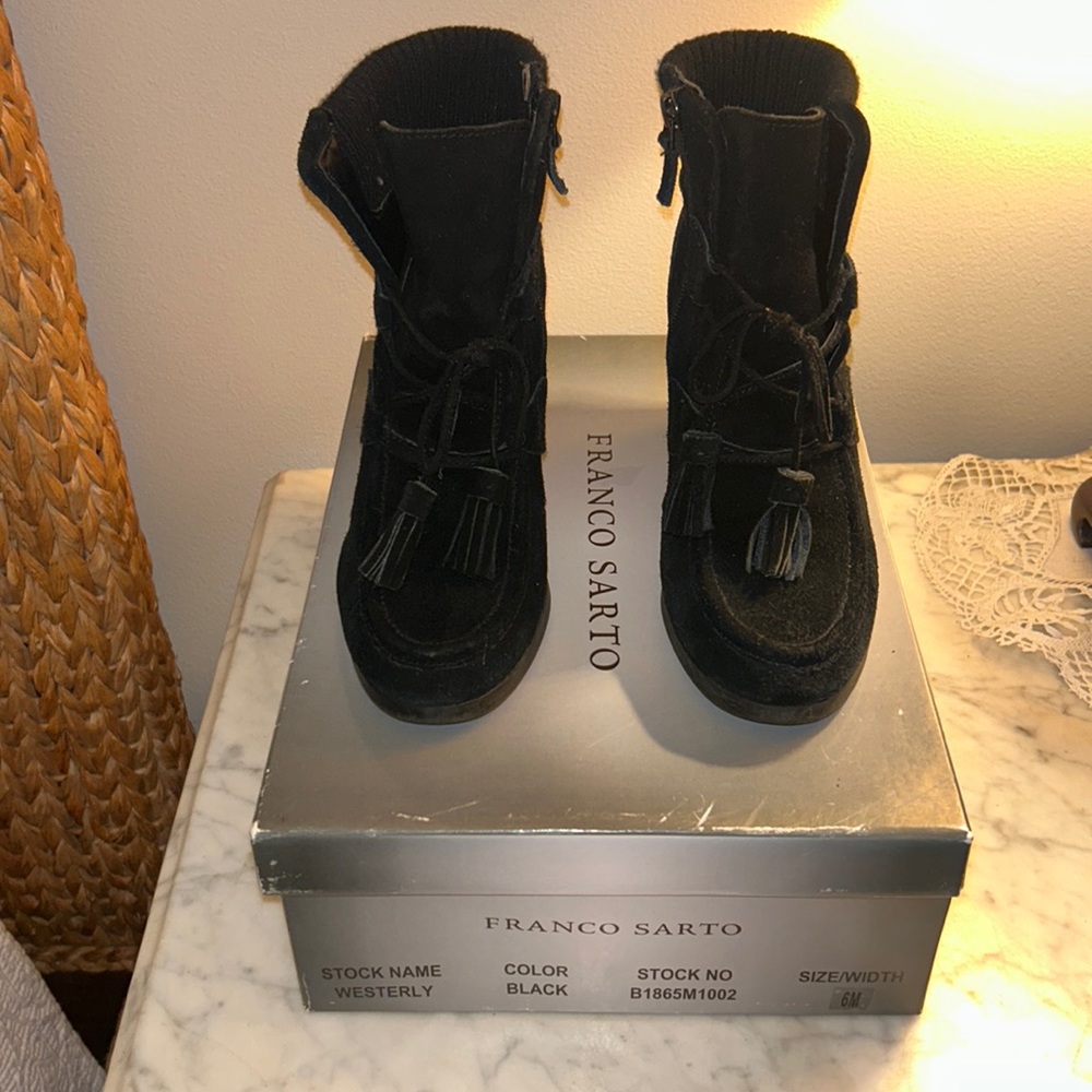 Franco Sarto Westerly bootie in black suede and wedge heel.EUC